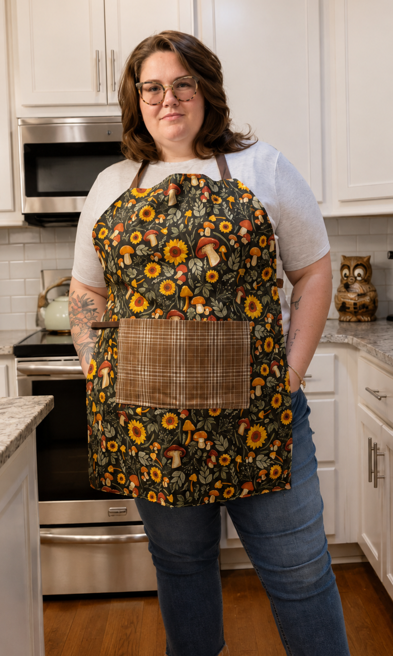 Reversible Apron- Green Mushrooms and Flowers